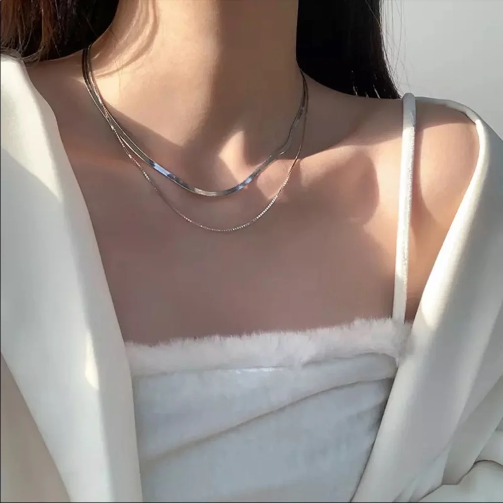NEW 925 STERLING SILVER DOUBLE LAYER CHAIN NECKLACE, NICE NECKLACE,CUTE NECKLACE - Picture 2 of 4